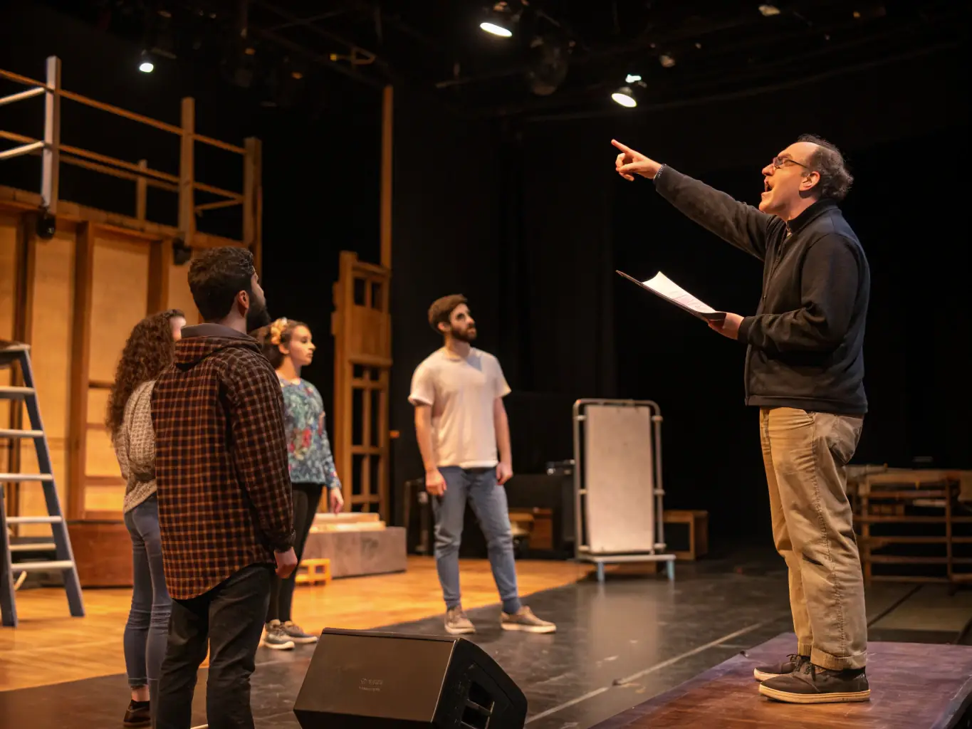 A vibrant image of artists rehearsing on stage with support staff assisting behind the scenes, showcasing the collaborative environment of TOUT-BOUT'SCENE's Artist Support Program.