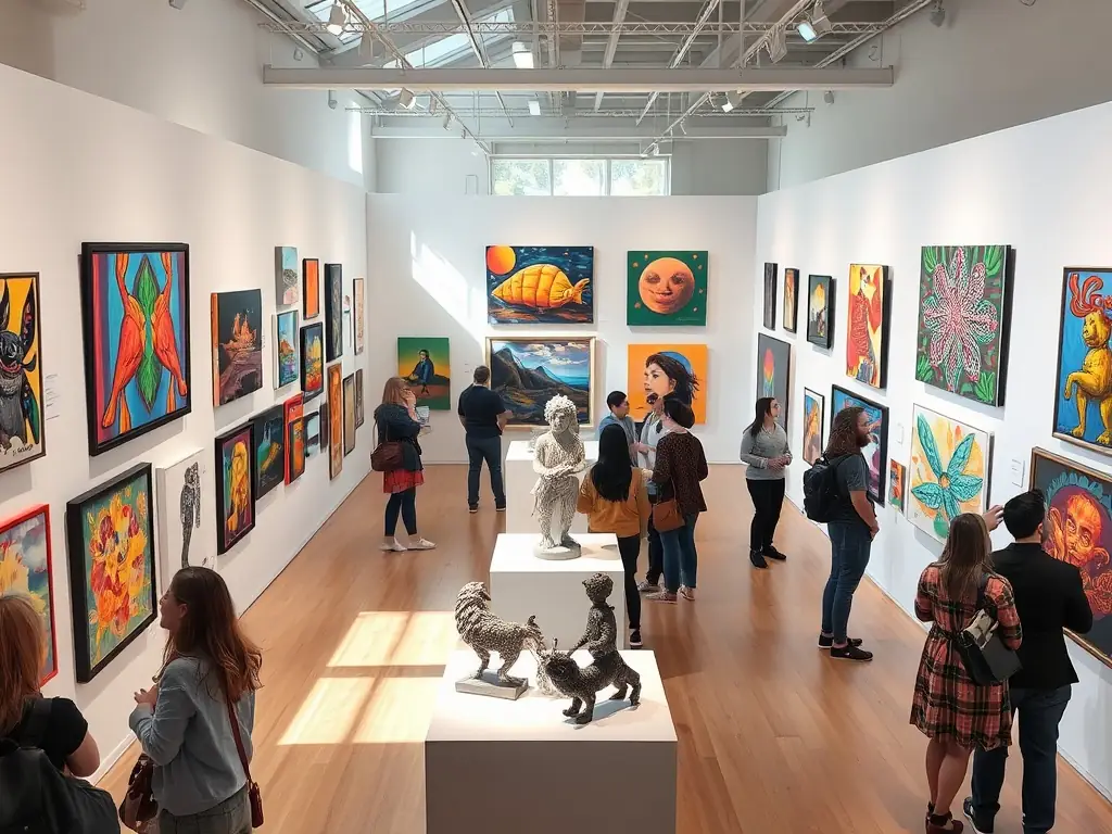 A dynamic image of an art exhibition showcasing the works of emerging artists supported by TOUT-BOUT'SCENE, highlighting the organization's commitment to promoting artistic talent.