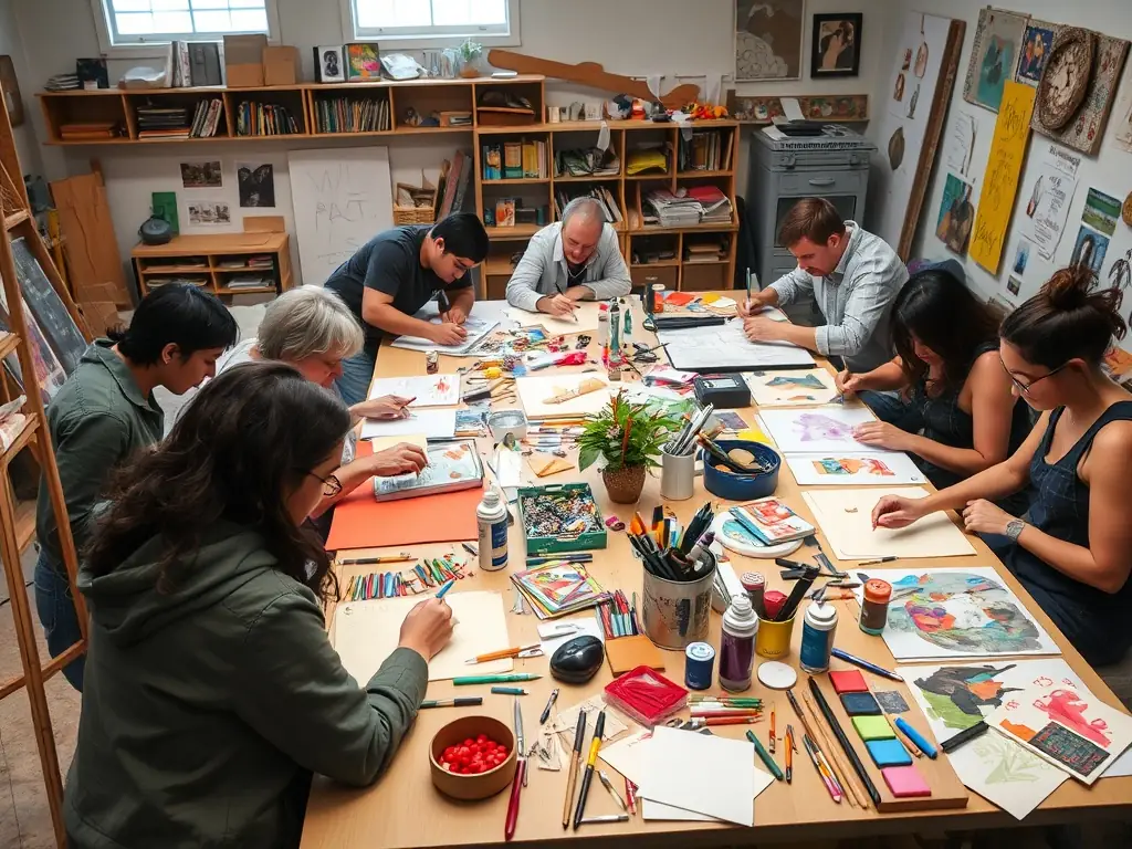A photograph of a diverse group of artists participating in a workshop, deeply engaged in learning new techniques and skills.